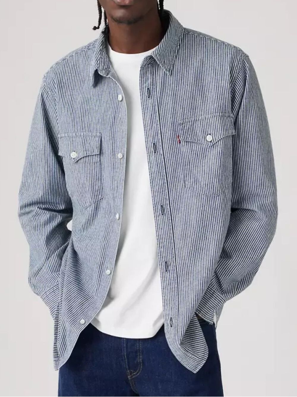 Levi's Men's Relaxed Western Navy and White Striped Casual Button-Down Shirt XL
